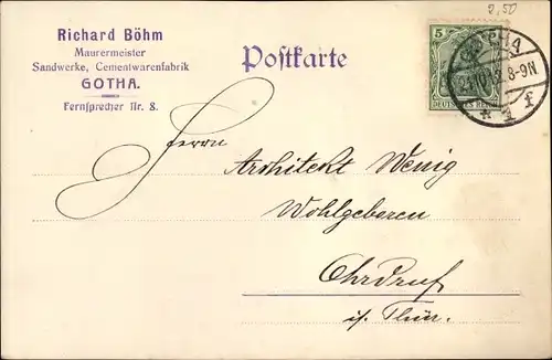 Ak Gotha in Thüringen, Richard Böhm, Maurermeister, Cementwarenfabrik, Telegramm