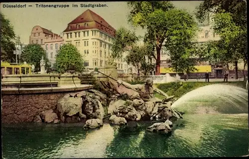 Ak Düsseldorf am Rhein, Tritonengruppe im Stadtgraben