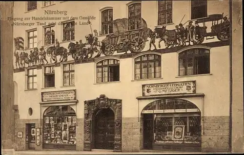 Ak Nürnberg in Mittelfranken, Eingang zur Handelskammer mit dem Gemälde auf der Fassade