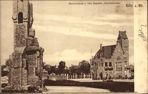 Ak Köln am Rhein, Bismarcksäule u. Villa Stollwerk, Oberländerufer