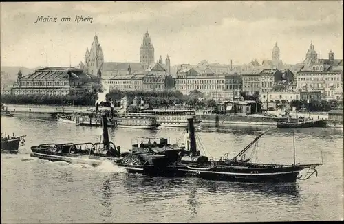 Ak Mainz in Rheinland Pfalz, Blick über den Rhein zur Stadt, Schleppdampfer Mathias Stinnes