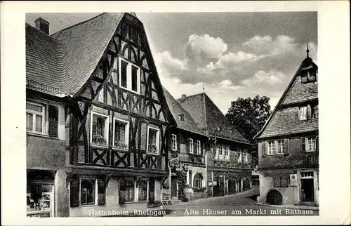 Ak Hattenheim Eltville am Rhein Hessen, Alte Häuser am Markt mit Rathaus