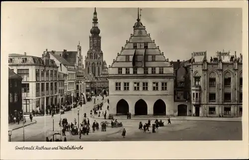 Ak Hansestadt Greifswald, Rathaus und Nicolaikirche
