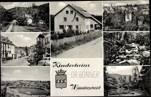 Wappen Ak Manderscheid in der Eifel, Kinderheim Dr. Brönner, Wasserfall, Burgweiher, Burg