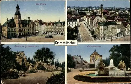 Ak Crimmitschau in Sachsen, Marktplatz, Grotte im Bismarckhain, Wettinbrunnen, Straßenpartie