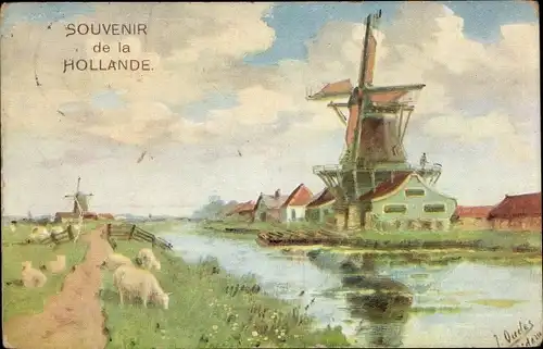 Künstler Ak Oudes, J., Niederländische Windmühle, Fluss, Schafe