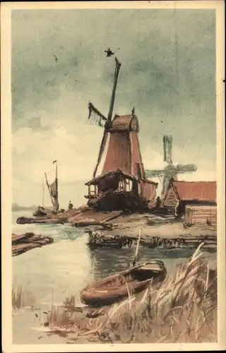 Ak Niederländische Windmühlen, Flusspartie, Boot, Molen