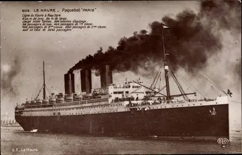 Ak Dampfer, Dampfschiff, Le Havre, Paquebot Paris, CGT, French Line