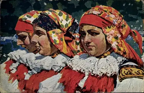 Künstler Ak Uprka, J., Zeny z Vlcnova, Das Binden von Kopftüchern