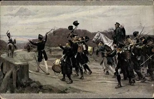 Künstler Ak Haug, Rob. v., Blüchers Vortrupp erblickt den Rhein bei Caub