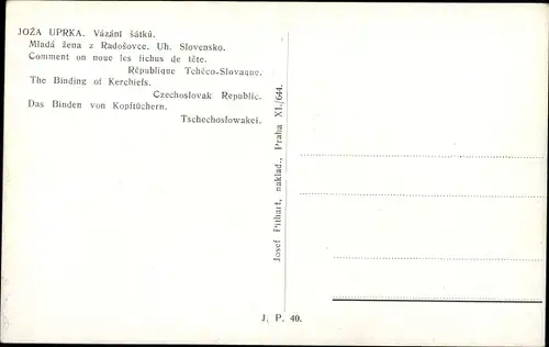 Künstler Ak Uprka, J., Frau in slowakischer Tracht, Mlada zena