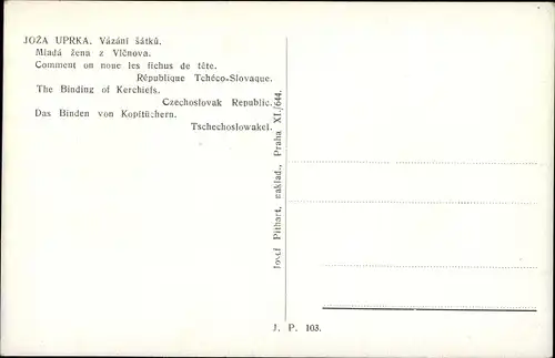 Künstler Ak Uprka, J., Frau in tschechischer Tracht, Mlada zena z Vlcnova, Kopftuch