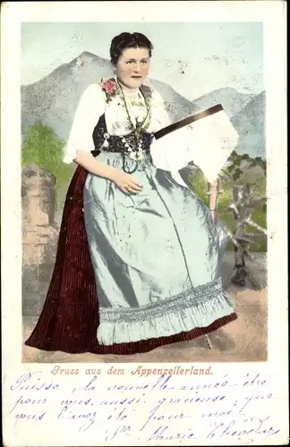 Ak Appenzellerland, Frau in schweizerischer Land beim Sticken