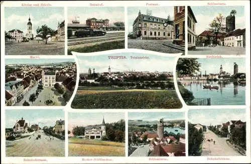 Ak Triptis Thür., Kirche, Schule, Bahnhof, Post, Schlossturm, Markt, Stadtteich, Hockerschlösschen
