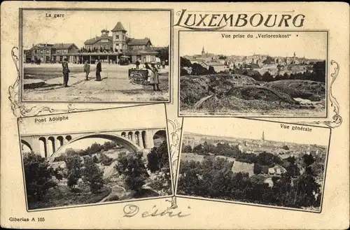 Ak Luxemburg Luxembourg, La gare, Pont Adolphe, vue prise du Verlorenkost, Vue generale