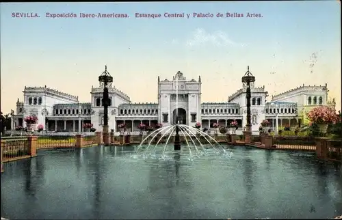 Ak Sevilla Andalusien, Exposición Ibero Americana, Estanque Central, Palacio de Bellas Artes