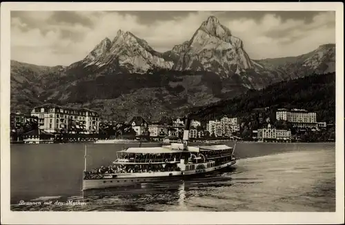 Ak Brunnen Kt Schwyz, Panorama mit den Mythen, Dampfer