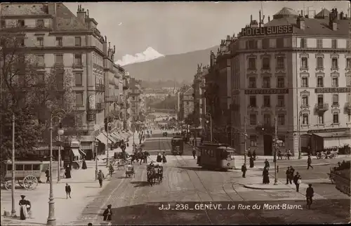 Ak Genève Genf Schweiz, Rue du Mont Blanc et Hotel Suisse, Straßenbahn