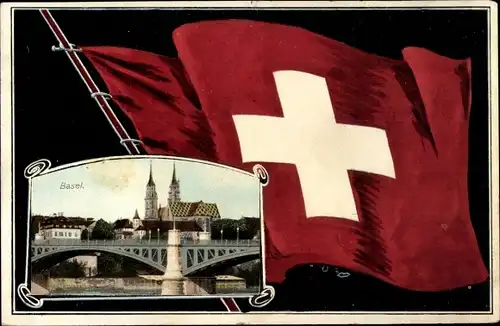 Passepartout Ak Basel Bâle Stadt Schweiz, Brücke, Flagge