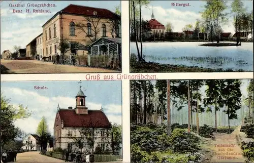 Ak Grüngräbchen Schwepnitz Lausitz, Gasthof Grüngräbchen, Rittergut, Schule, Rhododendron Gärtnerei