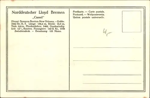 Ak Norddeutscher Lloyd Bremen, Passagier und Frachtdampfer Cassel