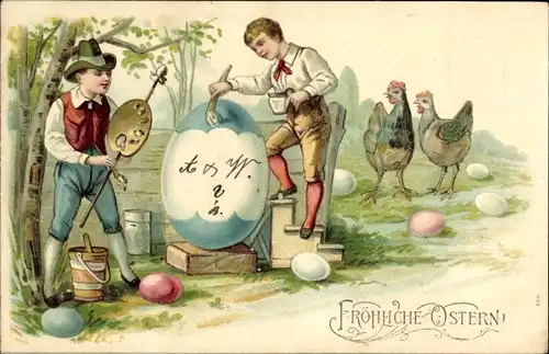 Litho Glückwunsch Ostern, Jungen bemalen ein Osterei, Hühner
