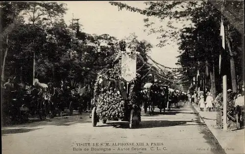 Ak Paris XVI, Bois de Boulogne, Visite de S. M. Alphonse XIII a Paris, Autos fleuries