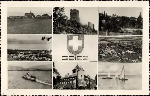 Ak Sciez Haute Savoie, Teilansicht, Ruine, Schloss, Wappen, Segelpartie, Salondampfer