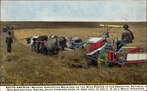 Ak Argentinien, Reklame, International Harvester Company of America, Erntemaschine