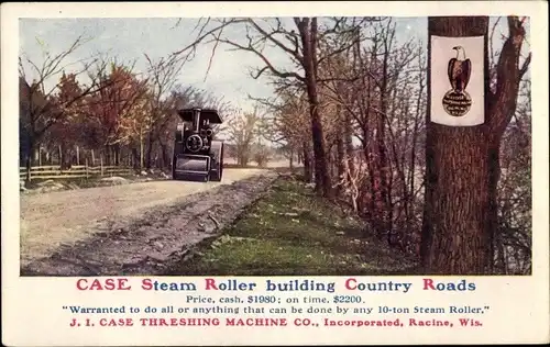 Ak Reklame, Case Steam Roller building Country Roads, J.I. Case Threshing Machine Co.