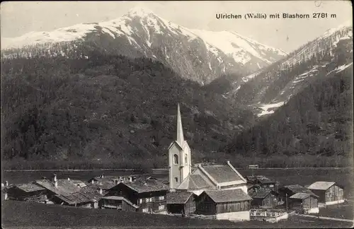 Ak Ulrichen Kanton Wallis, Blick auf den Ort mit Blashorn