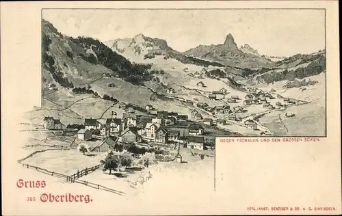 Ak Oberiberg Kanton Schwyz, Blick auf den Ort gegen Tschalun und den großen Schien