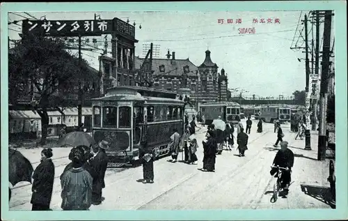 Ak Tokio Präf. Tokio Japan, Straßenbahn, Straßenpartie