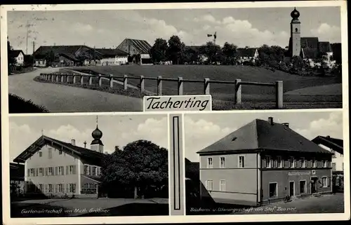 Ak Tacherting in Oberbayern, Gartenwirtschaft Math. Gröbner, Bäckerei und Handlung Stef. Zauner