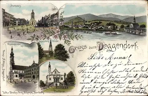 Litho Deggendorf Niederbayern, Stadtplatz, Pfarrkirche, Gnadenkirche, Kloster, Geyersberg Kirche