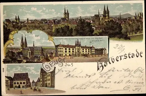 Litho Halberstadt, Kaserne Kürassierregiment Seydlitz, Dom, Holzmarkt, Rathaus
