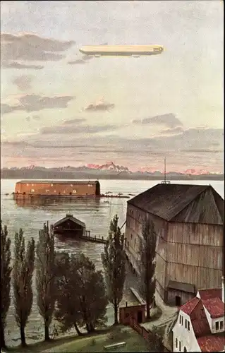 Künstler Ak Manzell Friedrichshafen am Bodensee, Zeppelin Luftschiff, schwimmende Luftschiffhalle