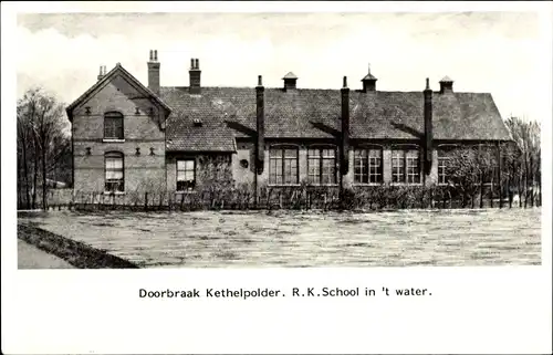 Ak Kethel Schiedam Südholland, Doorbraak Kethelpolder, R. K. School in 't Water