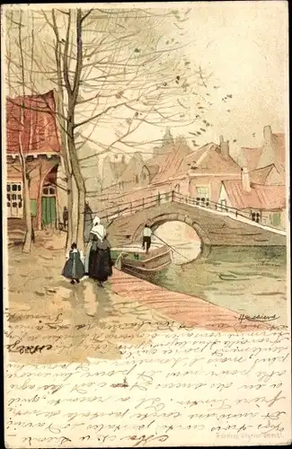 Künstler Litho Cassiers, Henri, Delft Südholland Niederlande, Kanalpartie, Trachten