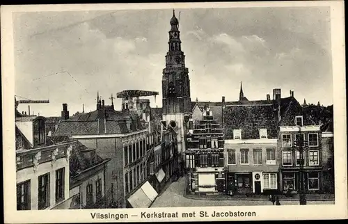 Ak Vlissingen Zeeland Niederlande, Kerkstraat met St Jacobstoren