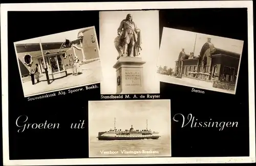 Ak Vlissingen Zeeland Niederlande, Station, Standbeeld M. A. de Ruyter, Veerboot, Souvenirskiosk