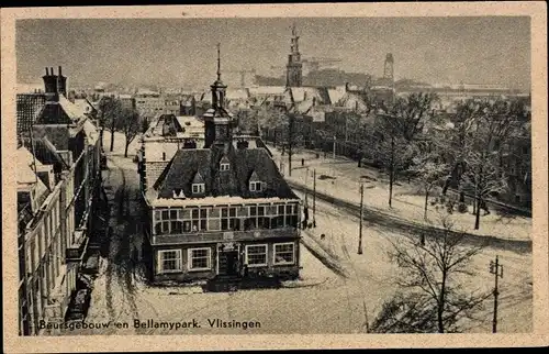 Ak Vlissingen Zeeland Niederlande, Beursgebouw en Bellamypark, Winter