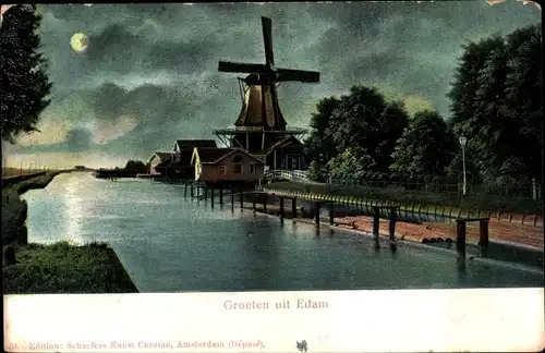 Mondschein Ak Edam Volendam Nordholland Niederlande, Molen