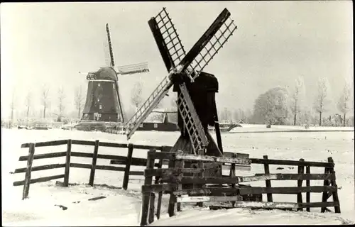 Ak Wijdewormer Wormerland Nordholland Niederlande, Necker Molen, Winter
