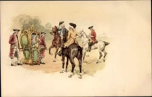 Litho Elegante Dame in einer Sänfte, Reiter
