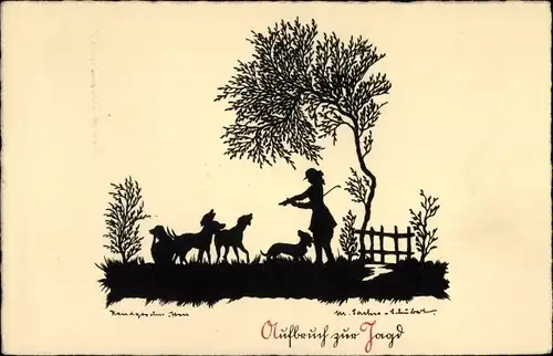 Scherenschnitt Ak Sachse Schubert, W., Aufbruch zur Jagd