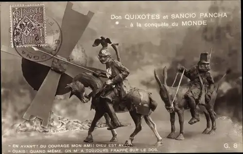 Ak Don Quixotes et Sancio Pancha a la conquete du Monde, Wilhelm II, Franz Joseph I., Karikatur