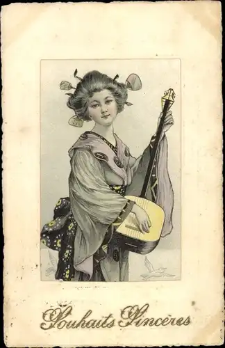 Ak Souhaits Sinceres, Frau in japanischer Tracht mit Musikinstrument