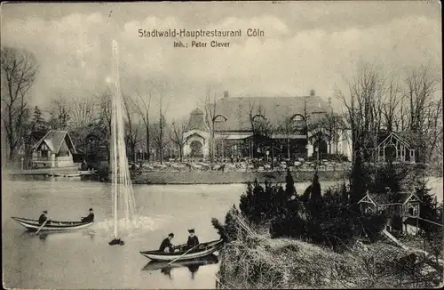 Ak Köln am Rhein, Stadtwald-Hauptrestaurant, Springbrunnen, Ruderboote