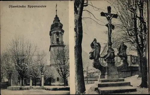 Ak Appenweier in Baden Schwarzwald, Pfarrkirche im Winter, Kreuzigungsgruppe